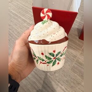 Lenox Festive Cupcake candy dish with Red and Green Holly
